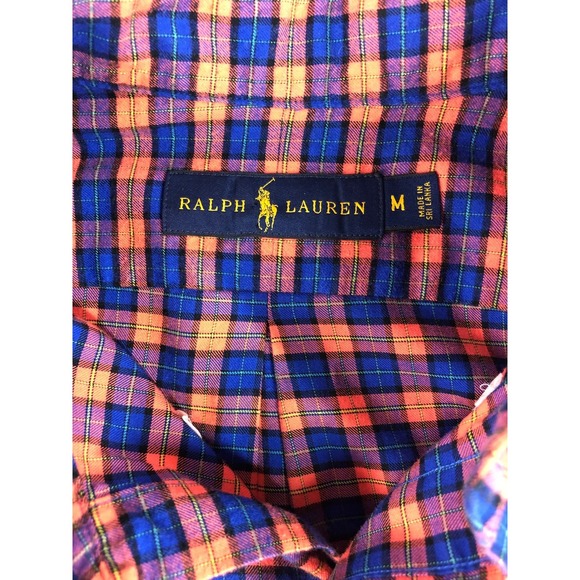 Ralph Lauren Mens M Orange Blue Plaid Shirt Long Sleeve Button Down - Picture 5 of 11